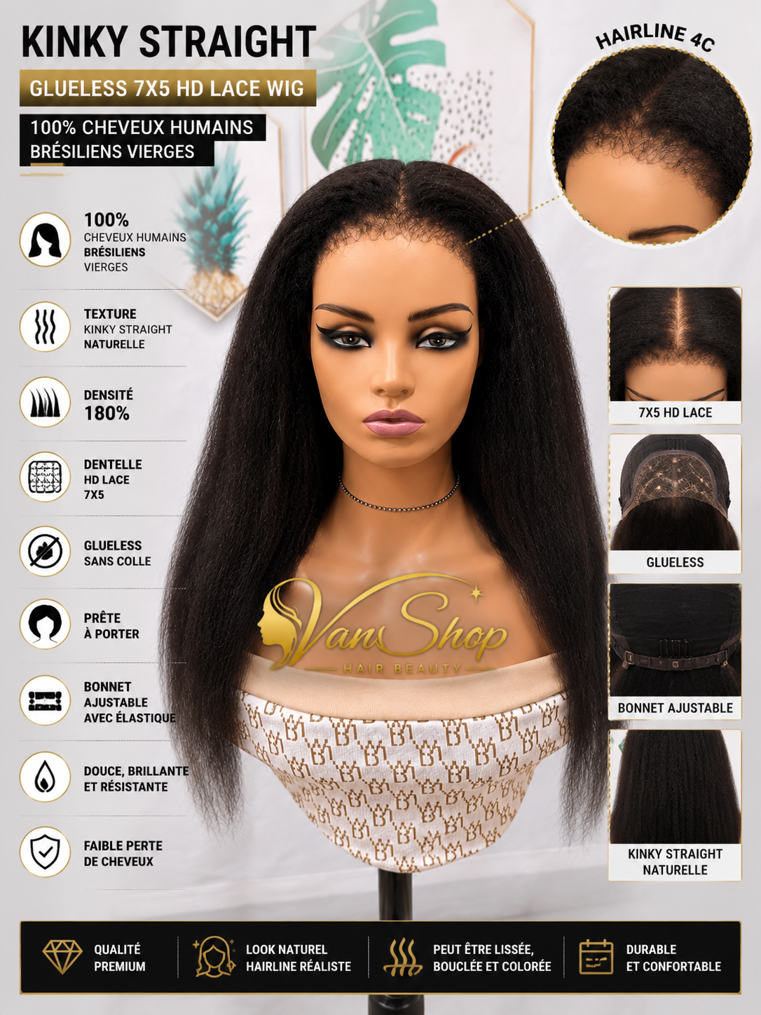 7x5 Perruque Kinky Straight HD Lace – 100 % Cheveux Humains