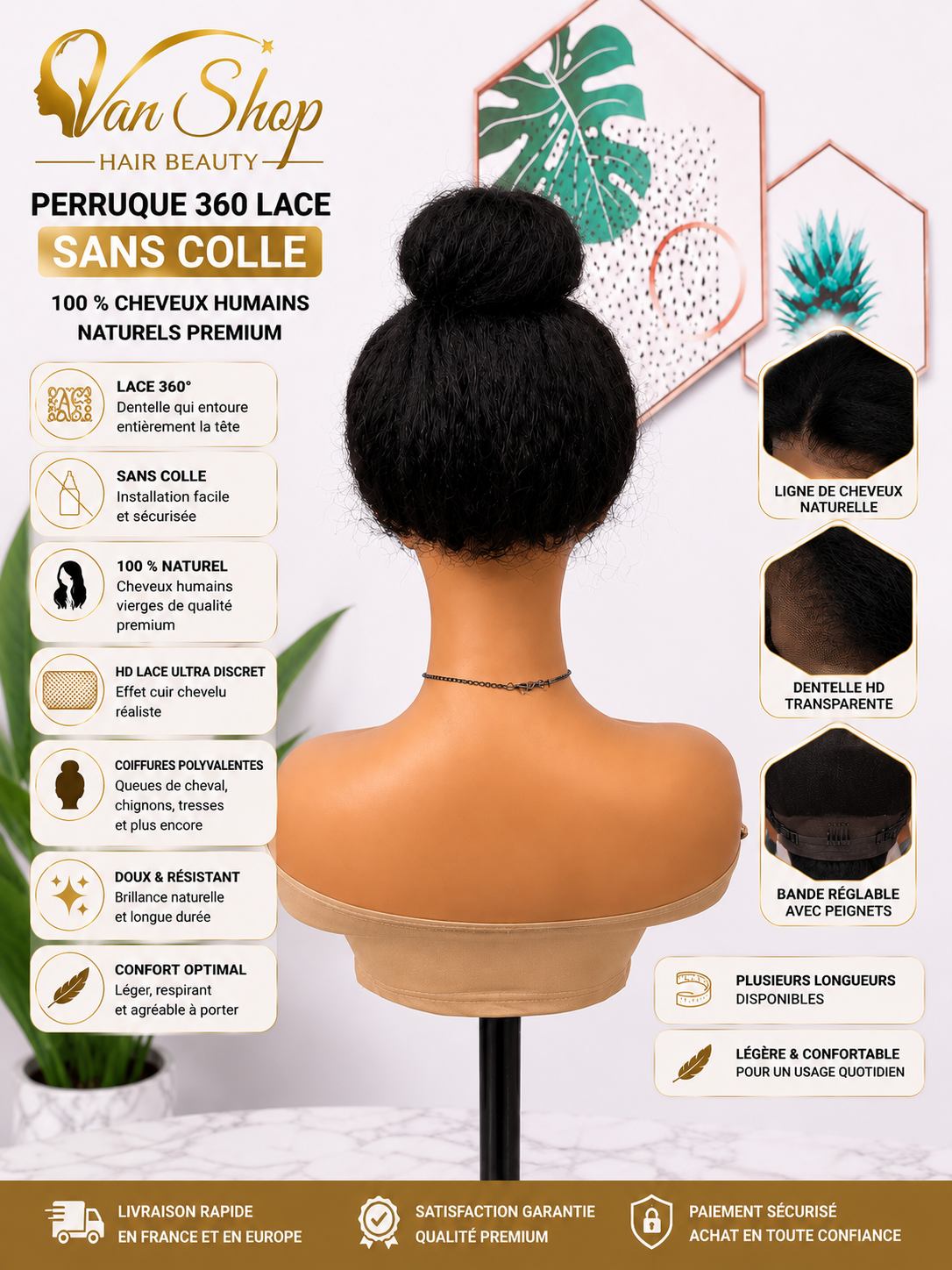 Perruque Kinky Straight Yaki 360 Lace Sans Colle – 100 % Cheveux Humains Premium