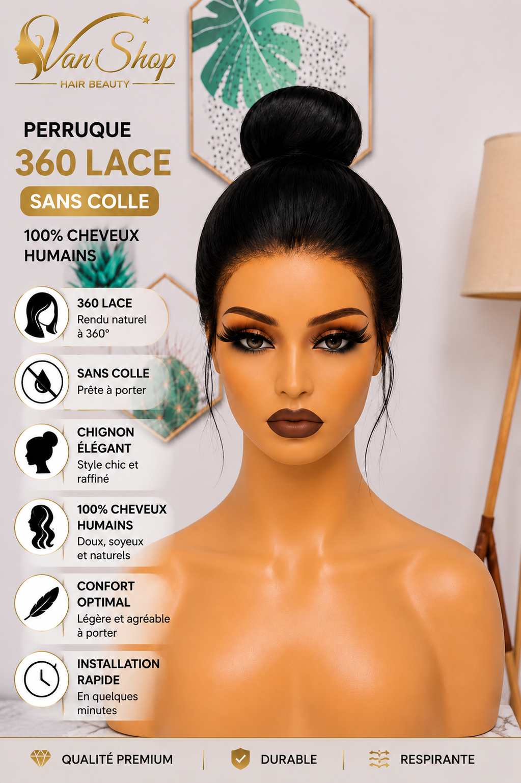 Perruque 360 Lace Sans Colle Chignon – 100 % Cheveux Humains