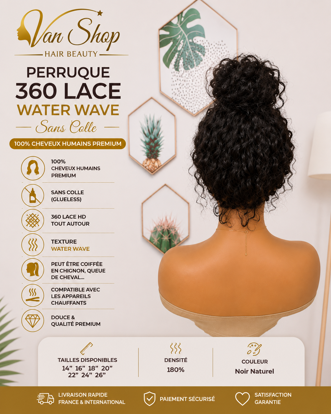 Perruque 360 Lace Water Wave Sans Colle – 100 % Cheveux Humains Premium