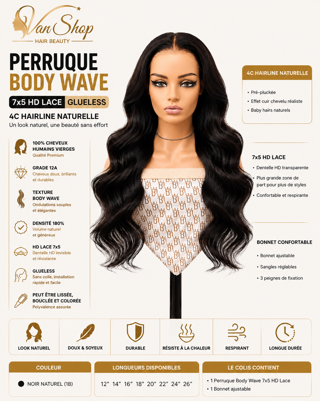 Perruque Body Wave 7x5 HD Lace Glueless 4C Hairline | 100% Cheveux Humains Brésiliens Vierges | Densité 180% | Grade 12A