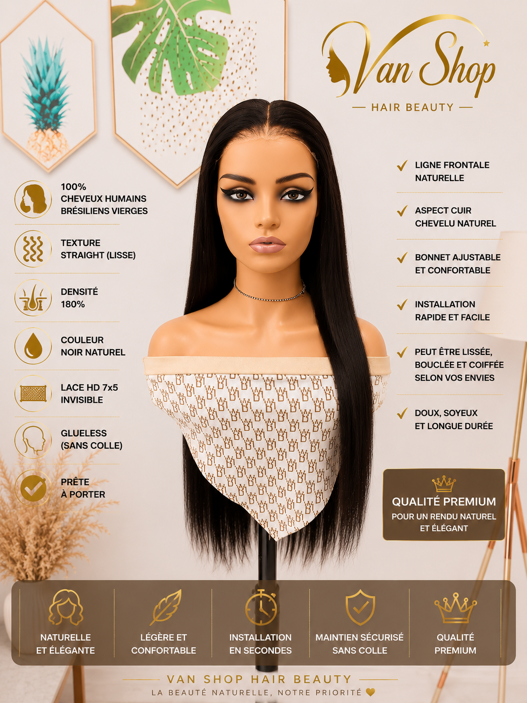 Perruque Straight Glueless 7x5 HD Lace Invisible 100% Cheveux Humains Brésiliens Vierges 180% Densité Noir Naturel Prête à Porter Sans Colle Lace HD Bonnet Ajustable Aspect Cuir Chevelu Naturel Qualité Premium Femme
