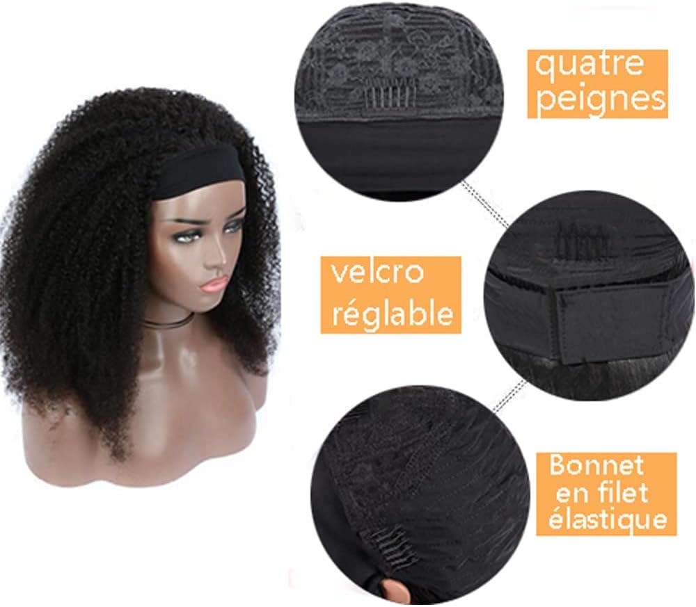 Perruque Bandeau Cheveux Humain Afro Kinky Perruque Femme Naturelle Brésilien 180% Densité Perruque Bouclée Non Lace Curly Headband Wig