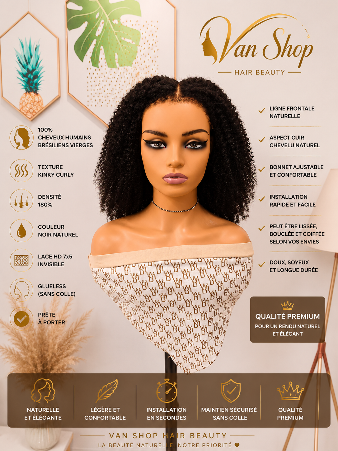 Perruque Afro Curly Glueless 7x5 HD Lace 4C Hairline 100% Cheveux Humains Brésiliens Vierges Grade 12A Densité 180% Noir Naturel Prête à Porter Sans Colle Lace Invisible Aspect Naturel Bonnet Ajustable Qualité Premium