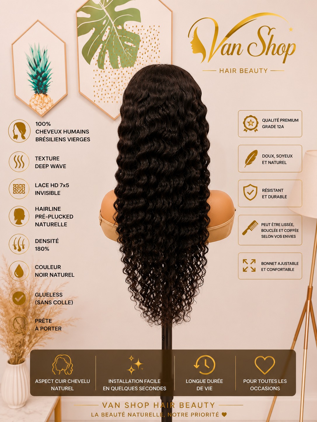Perruque Deep Wave Glueless 7x5 Lace HD Invisible Cheveux Humains Brésiliens Vierges 100% Naturels 180% Densité Pré-Pluckée Sans Colle Prête à Porter Noir Naturel Bonnet Ajustable Qualité Premium Grade 12A