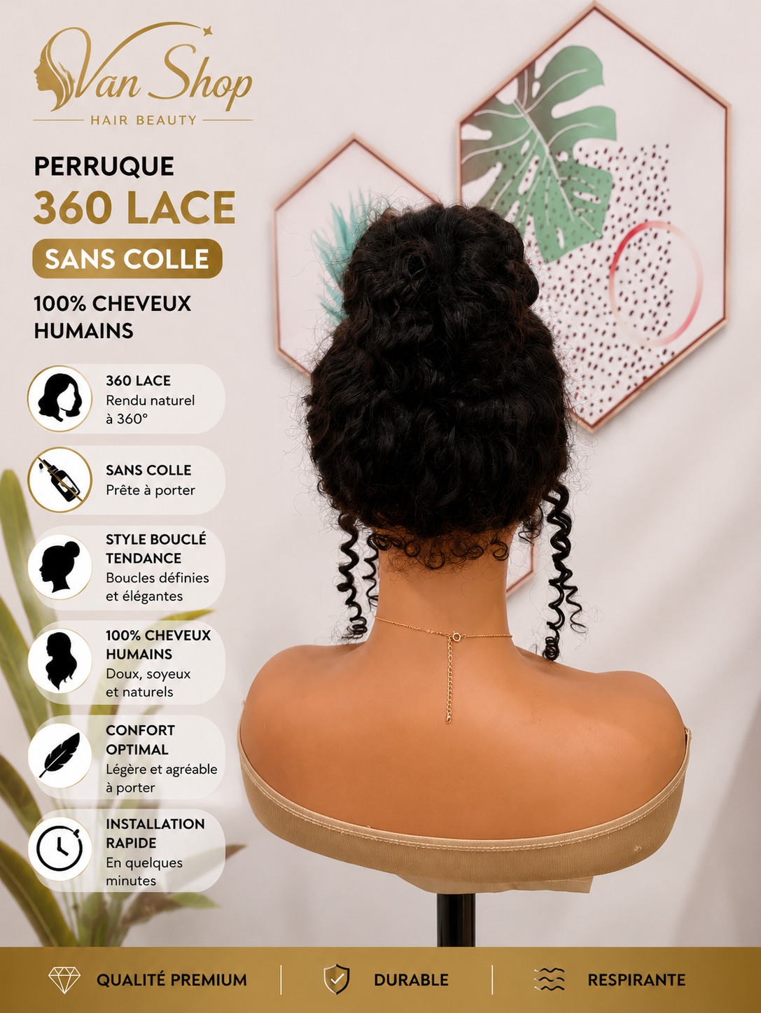 Perruque kinky curly 360 Lace Sans Colle Prête à Porter – Chignon Bouclé Naturel en Cheveux Humains