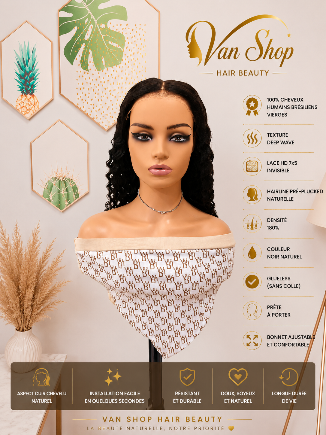 Perruque Deep Wave Glueless 7x5 Lace HD Invisible Cheveux Humains Brésiliens Vierges 100% Naturels 180% Densité Pré-Pluckée Sans Colle Prête à Porter Noir Naturel Bonnet Ajustable Qualité Premium Grade 12A