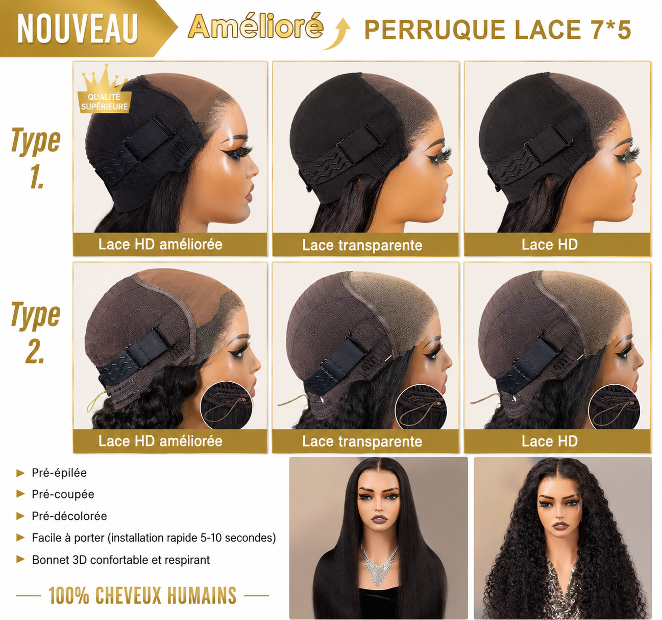 Perruque Kinky Straight Glueless Prête à Porter HD Lace 100% Cheveux Humains Brésiliens Vierges 180% Densité Noir Naturel Sans Colle Bonnet Ajustable Effet Cuir Chevelu Naturel Qualité Premium Van Shop Hair Beauty 👑✨