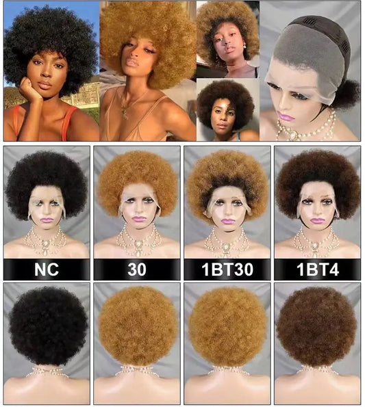 Perruque Cheveux Humain Afro Bouclée Courte Short Afro Curly Wig 13X4 pour femme