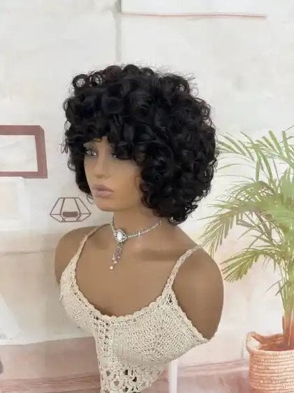 Perruque  Naturelle Courte avec Frange Perruque de cheveux bouclés, résistante à la chaleur,perruque courte bouclée lâche