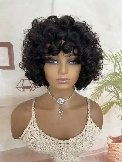 Perruque  Naturelle Courte avec Frange Perruque de cheveux bouclés, résistante à la chaleur,perruque courte bouclée lâche