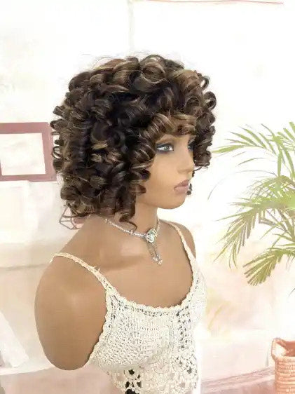 Perruque  Naturelle Courte avec Frange Perruque de cheveux bouclés, résistante à la chaleur,perruque courte bouclée lâche