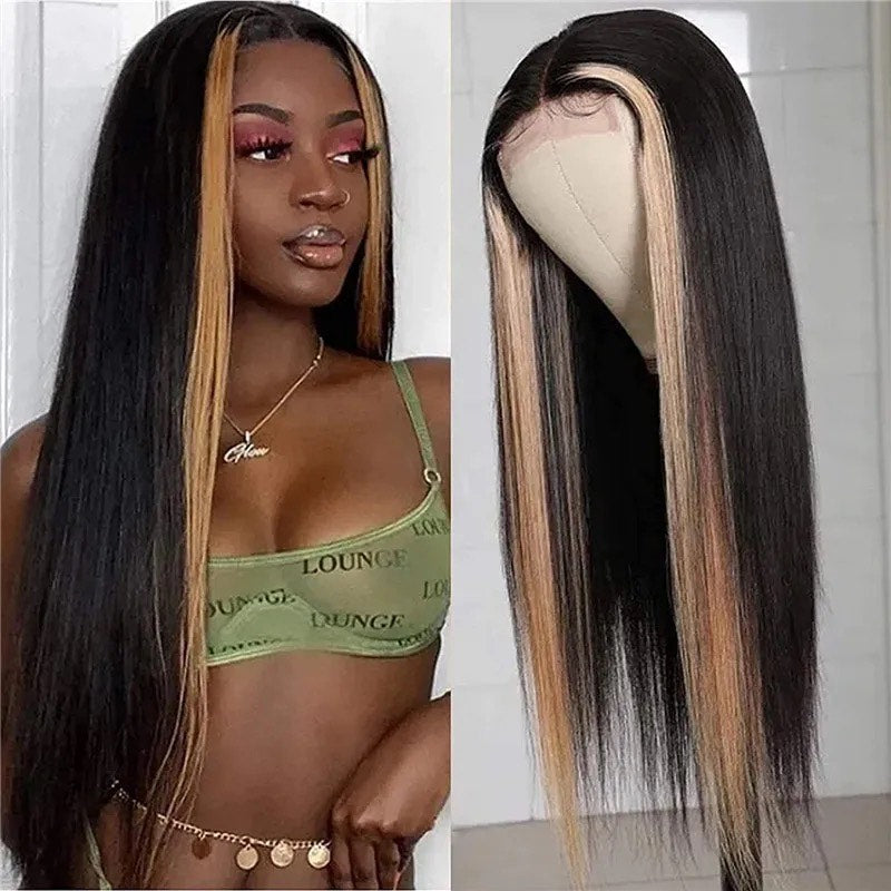 4 x4 Lace frontal, Perruque droite noire coloré or devant